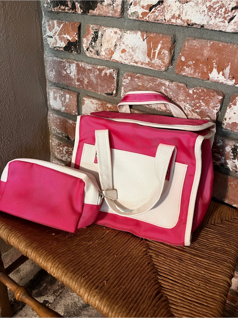 Lancome Pink and Cream Travel Tote with Matching Cosmetic Pouch